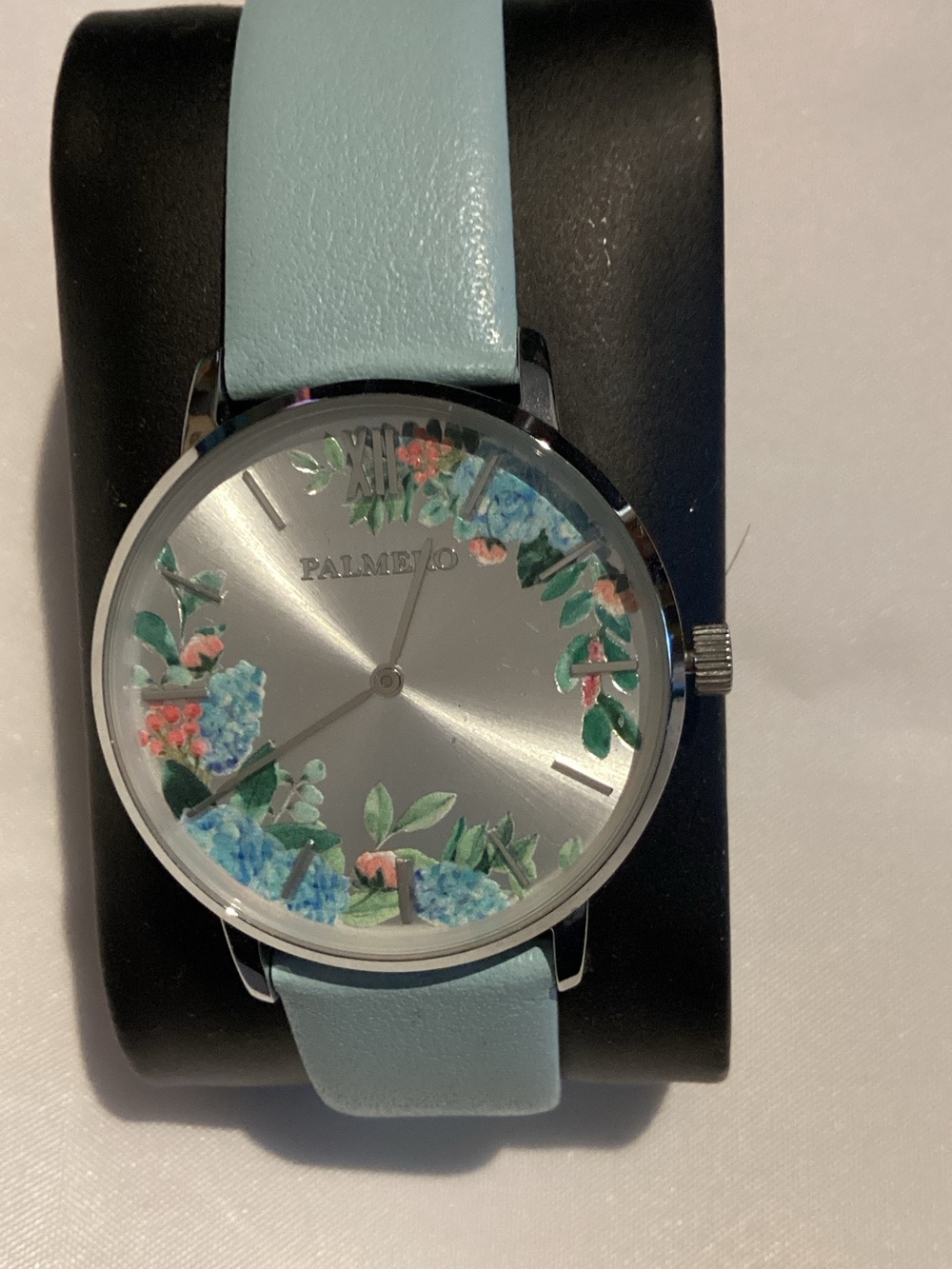 Light Blue Floral Leather-Strap Women's Watch